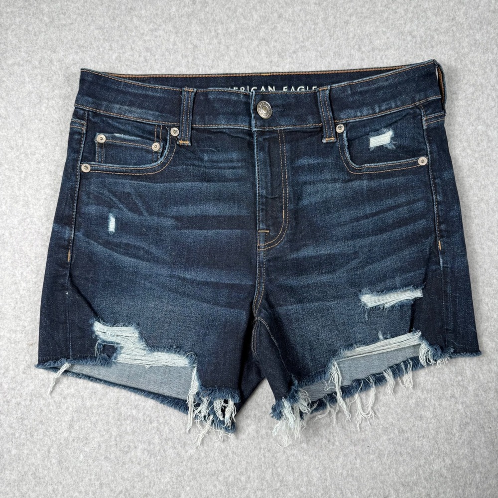 American Eagle Midi Distressed Denim Shorts 10 Dark Blue Grunge Indie Sleaze